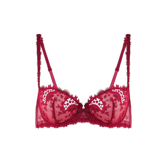 SIMONE PERELE Wish Ruby Red Sheer Embroidered Tulle Unlined Demi Bra, Size 30D - Picture 4 of 16